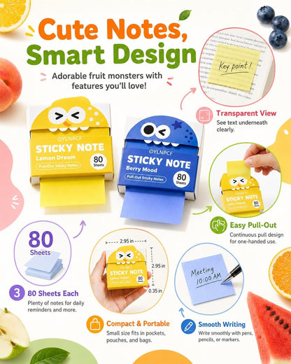 Cute Fruit Monster Notes, Transparent Pull-Out Self-Stick Pads, Pop-Up Dispenser Set, 14 Packs 700 Sheets, Clear Translucent Tabs for Study Planner Teacher Office Gifts Stationery Use(Lemon)