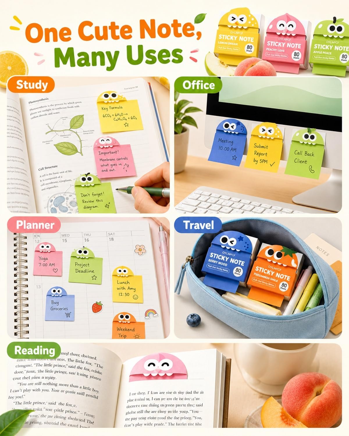 Cute Fruit Monster Notes, Transparent Pull-Out Self-Stick Pads, Pop-Up Dispenser Set, 14 Packs 700 Sheets, Clear Translucent Tabs for Study Planner Teacher Office Gifts Stationery Use(Lemon)