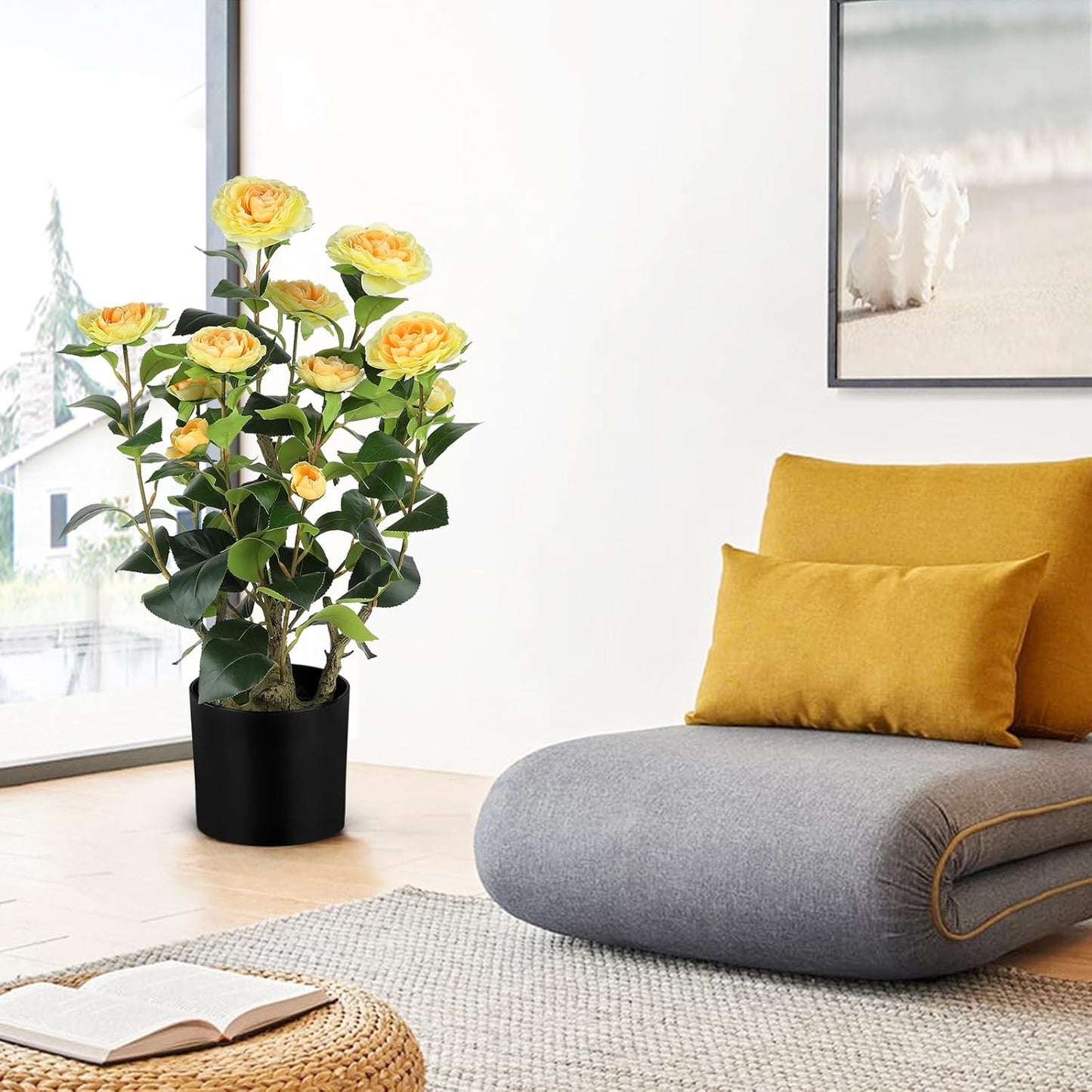 2FT Yellow Artificial Camellia Tree 2Pack, Faux Camellia Plant Fake Potted Camellia Flower Tree for Modern Home Office Living Room Floor Décor