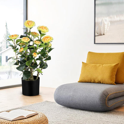 2FT Yellow Artificial Camellia Tree 2Pack, Faux Camellia Plant Fake Potted Camellia Flower Tree for Modern Home Office Living Room Floor Décor
