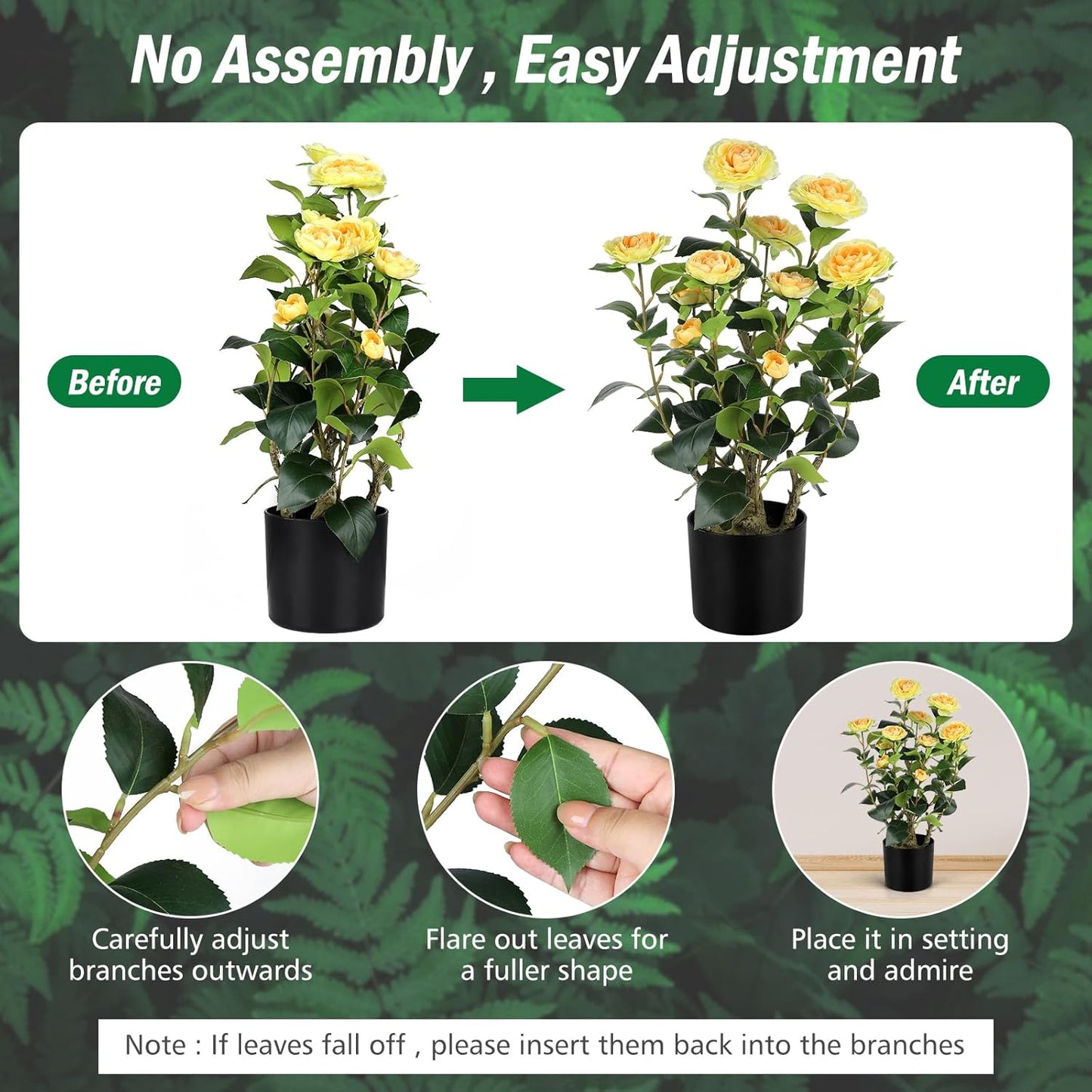 2FT Yellow Artificial Camellia Tree 2Pack, Faux Camellia Plant Fake Potted Camellia Flower Tree for Modern Home Office Living Room Floor Décor