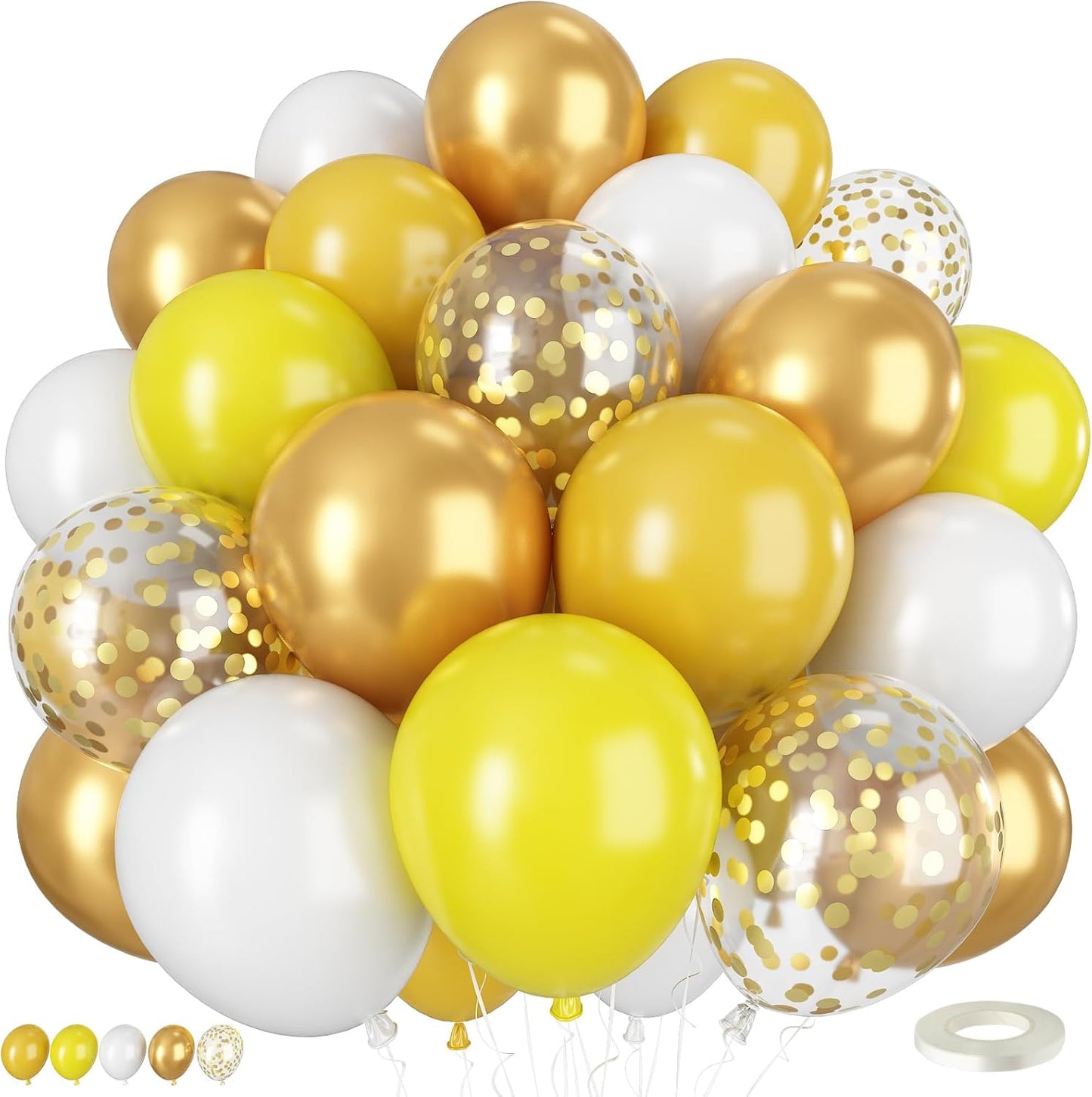 Pastel Yellow and White Balloons, 50PCS 12 Inch Boho Balloons with Retro and Pastel Yellow White Gold Confetti Latex Balloon for Sunflower Birthday Wedding Baby Shower Party Decorations