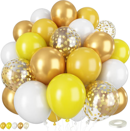 Pastel Yellow and White Balloons, 50PCS 12 Inch Boho Balloons with Retro and Pastel Yellow White Gold Confetti Latex Balloon for Sunflower Birthday Wedding Baby Shower Party Decorations