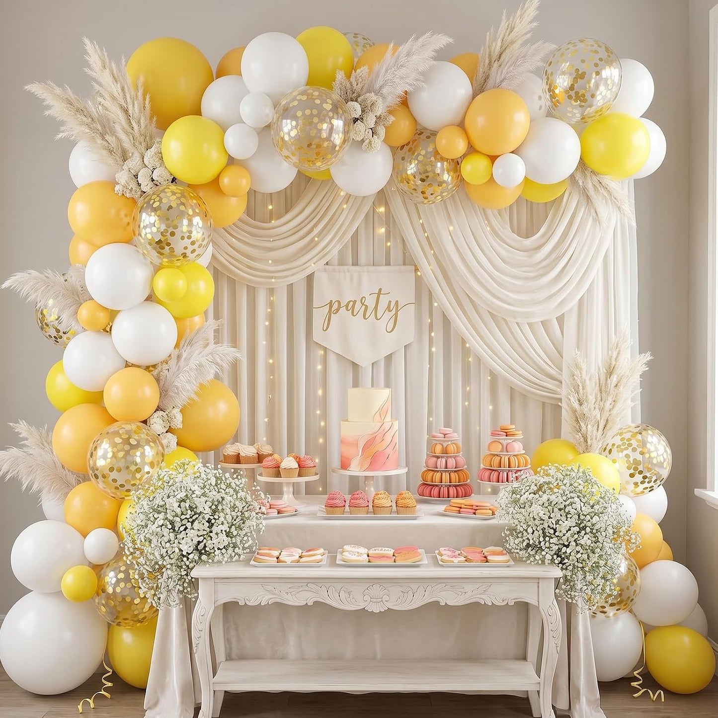 Pastel Yellow and White Balloons, 50PCS 12 Inch Boho Balloons with Retro and Pastel Yellow White Gold Confetti Latex Balloon for Sunflower Birthday Wedding Baby Shower Party Decorations