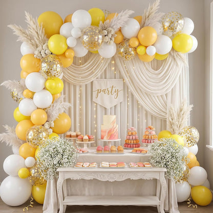 Pastel Yellow and White Balloons, 50PCS 12 Inch Boho Balloons with Retro and Pastel Yellow White Gold Confetti Latex Balloon for Sunflower Birthday Wedding Baby Shower Party Decorations