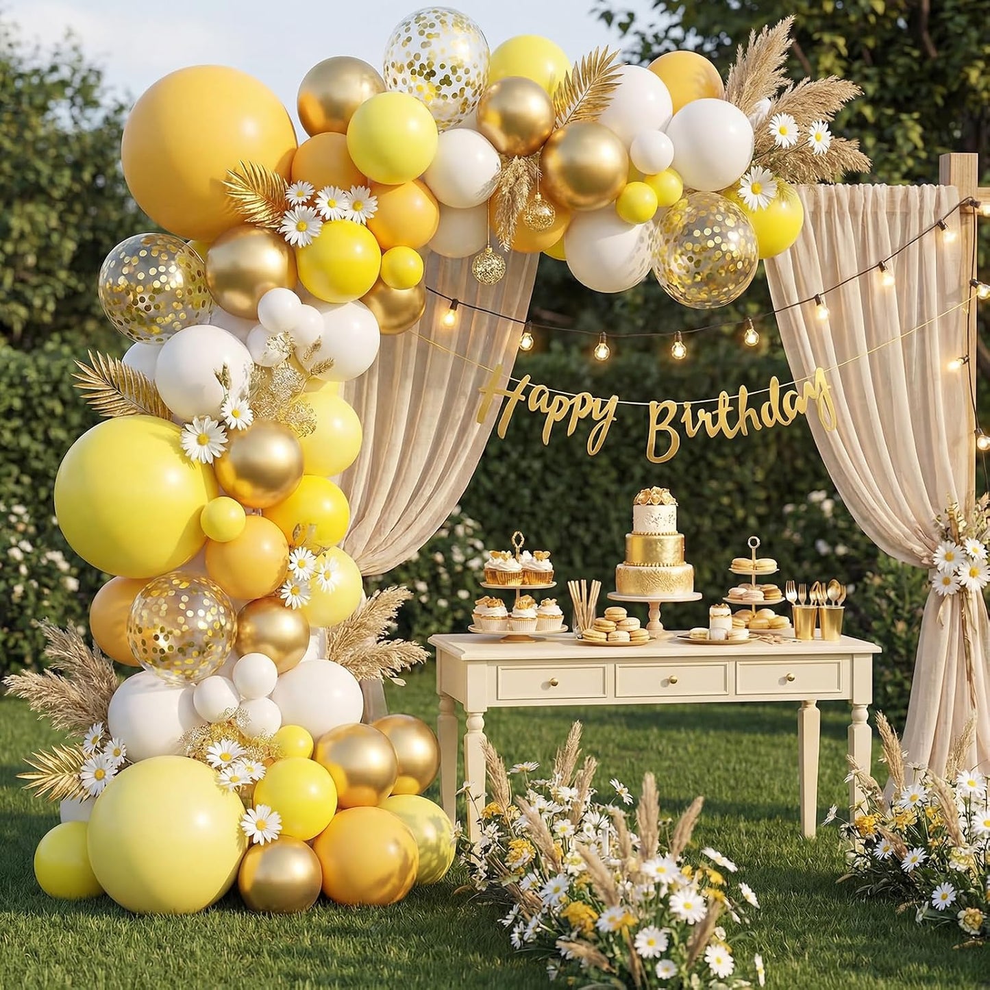 Pastel Yellow and White Balloons, 50PCS 12 Inch Boho Balloons with Retro and Pastel Yellow White Gold Confetti Latex Balloon for Sunflower Birthday Wedding Baby Shower Party Decorations