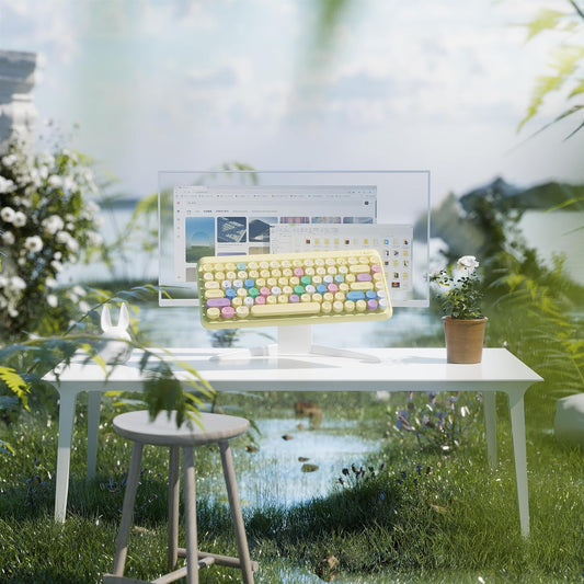 Wireless Bluetooth TKL Keyboard with 84 Retro Round Keycaps, Typewriter-Style, for PC/Mac/Tablets