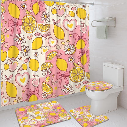 Lemon Shower Curtain Sets, Spring Playful Chrysanthemum Bow Spring Yellow Polyester Waterproof Bathroom Set with Print Cloth Curtains and Rugs Decorative for Toile Guest Room 72x72 Inch