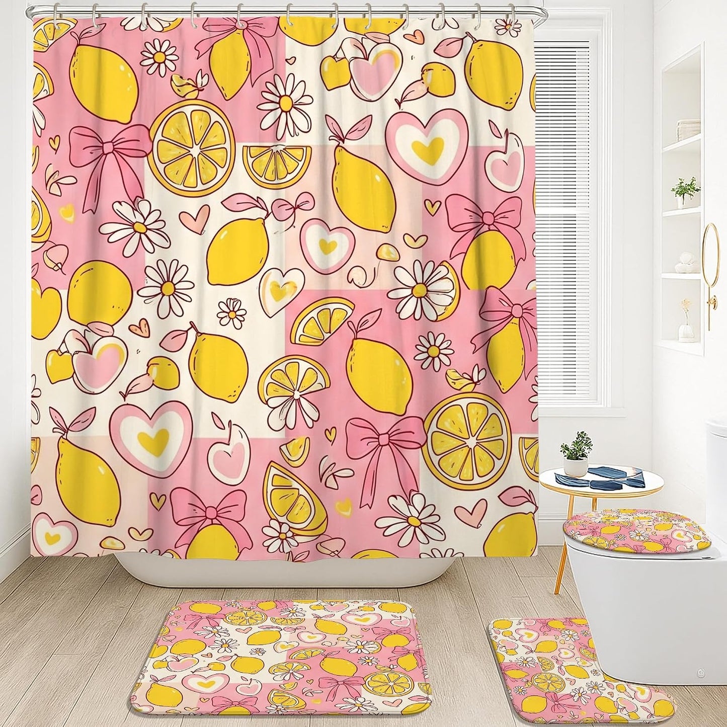 Lemon Shower Curtain Sets, Spring Playful Chrysanthemum Bow Spring Yellow Polyester Waterproof Bathroom Set with Print Cloth Curtains and Rugs Decorative for Toile Guest Room 72x72 Inch