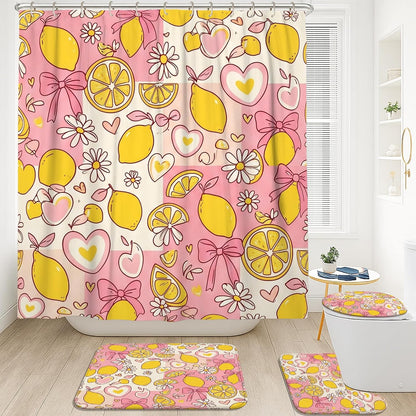 Lemon Shower Curtain Sets, Spring Playful Chrysanthemum Bow Spring Yellow Polyester Waterproof Bathroom Set with Print Cloth Curtains and Rugs Decorative for Toile Guest Room 72x72 Inch