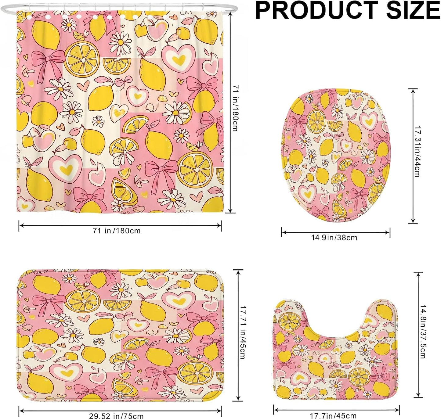 Lemon Shower Curtain Sets, Spring Playful Chrysanthemum Bow Spring Yellow Polyester Waterproof Bathroom Set with Print Cloth Curtains and Rugs Decorative for Toile Guest Room 72x72 Inch