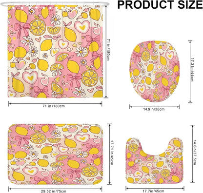 Lemon Shower Curtain Sets, Spring Playful Chrysanthemum Bow Spring Yellow Polyester Waterproof Bathroom Set with Print Cloth Curtains and Rugs Decorative for Toile Guest Room 72x72 Inch