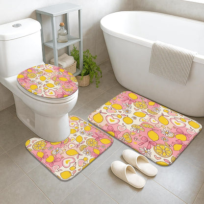 Lemon Shower Curtain Sets, Spring Playful Chrysanthemum Bow Spring Yellow Polyester Waterproof Bathroom Set with Print Cloth Curtains and Rugs Decorative for Toile Guest Room 72x72 Inch