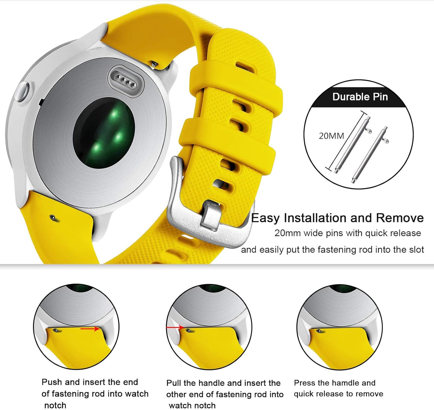 Compatible with Garmin Vivoactive 5 Watch Band/Vivoactive 3 Watch Bands,20mm Silicone Band for Garmin Venu 2 Plus/Venu Sq/Venu Watch Bands/Forerunner 645/245 Music Smartwatch Yellow