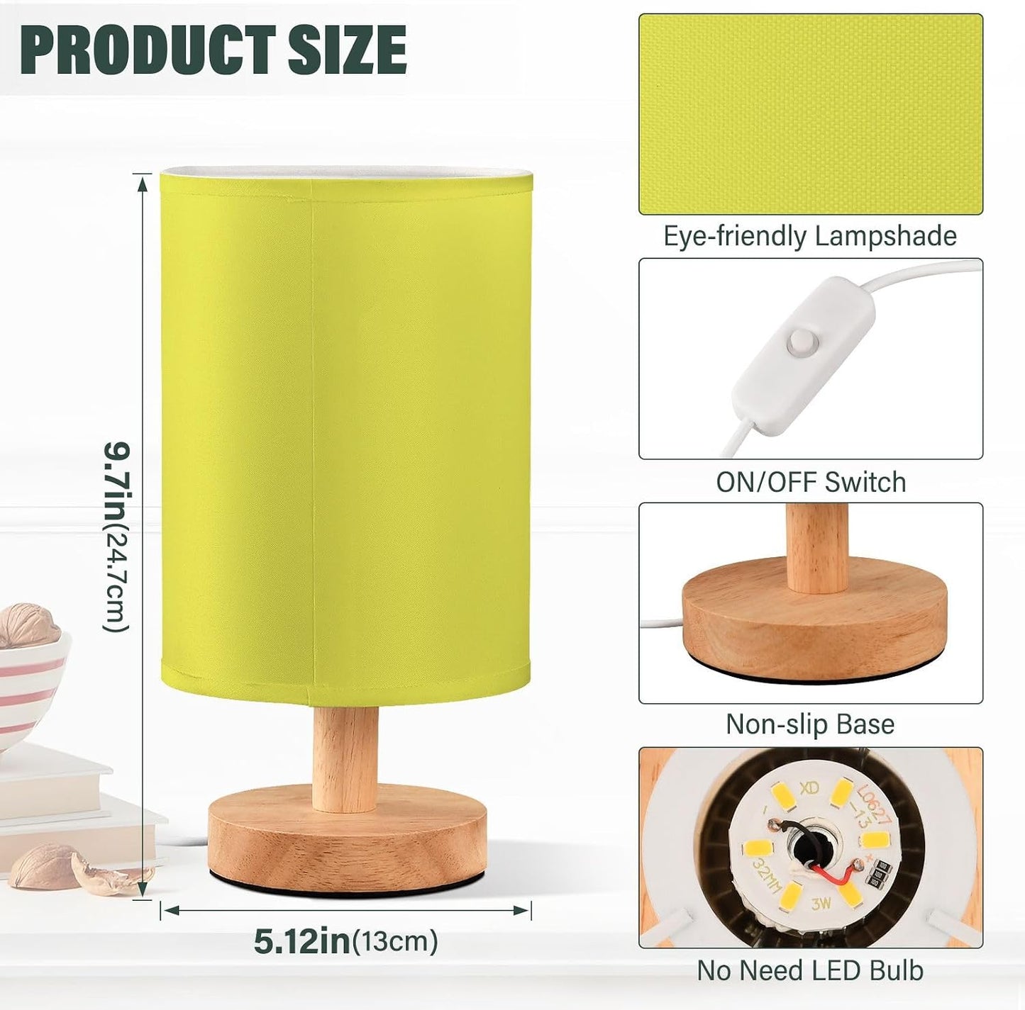 Yellow Table Lamp for Bedroom Bedside Lamps for Night Stands Nightstand Lamp with Round Fabric LampShade Small Lamps for Living Room Office Dorm Reading Room