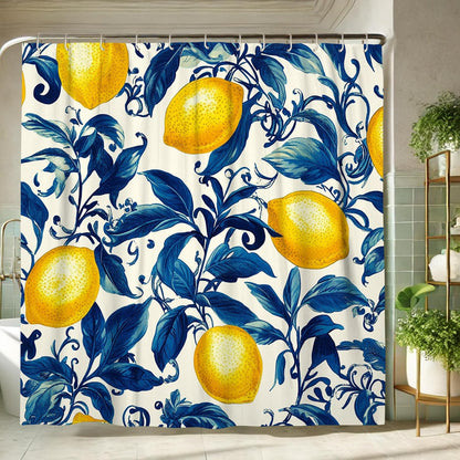 Lemon Shower Curtain, Yellow Citrus Fruit Bath Curtain for Bathroom Decor, Summer Modern Tropical Waterproof Fabric Shower Curtain Set with Hooks 62x72 Inch