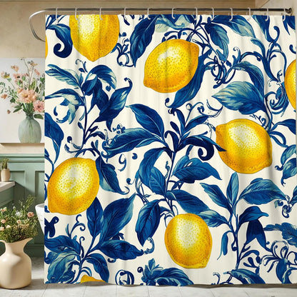 Lemon Shower Curtain, Yellow Citrus Fruit Bath Curtain for Bathroom Decor, Summer Modern Tropical Waterproof Fabric Shower Curtain Set with Hooks 62x72 Inch