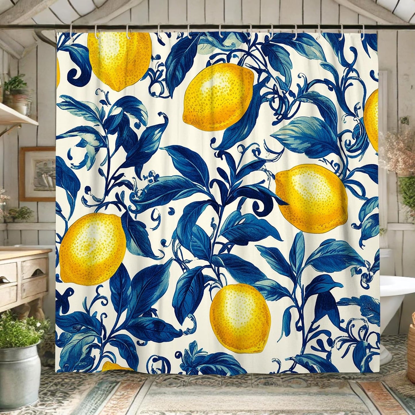 Lemon Shower Curtain, Yellow Citrus Fruit Bath Curtain for Bathroom Decor, Summer Modern Tropical Waterproof Fabric Shower Curtain Set with Hooks 62x72 Inch