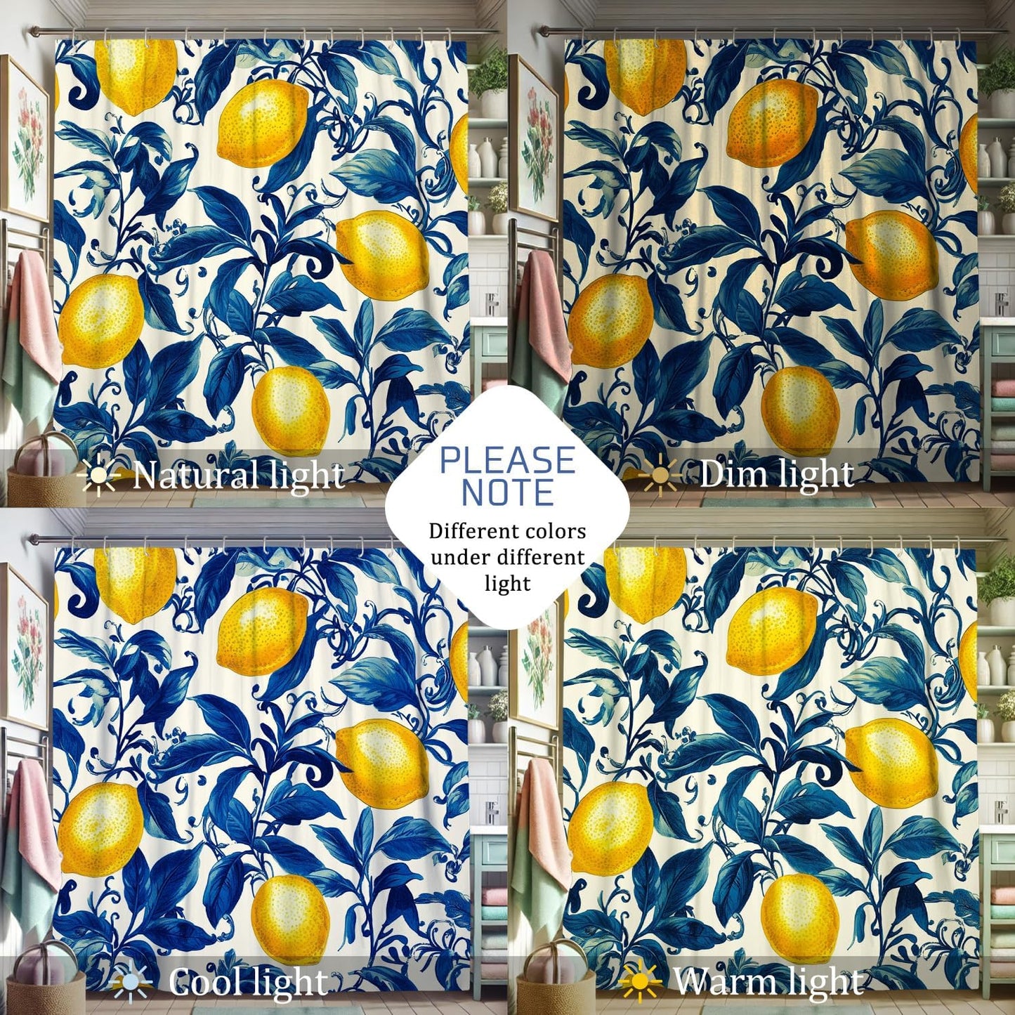 Lemon Shower Curtain, Yellow Citrus Fruit Bath Curtain for Bathroom Decor, Summer Modern Tropical Waterproof Fabric Shower Curtain Set with Hooks 62x72 Inch
