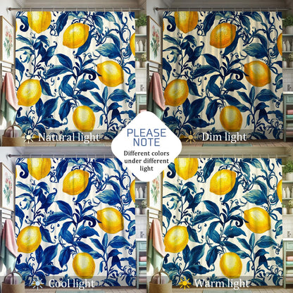 Lemon Shower Curtain, Yellow Citrus Fruit Bath Curtain for Bathroom Decor, Summer Modern Tropical Waterproof Fabric Shower Curtain Set with Hooks 62x72 Inch