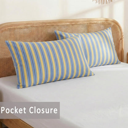 Blue & Yellow Striped Pillowcases, 100% Cotton Pillow Cases, Standard Size Pillowcases, Soft Breathable Ribbon Stripe Pillow Covers, Set of 2