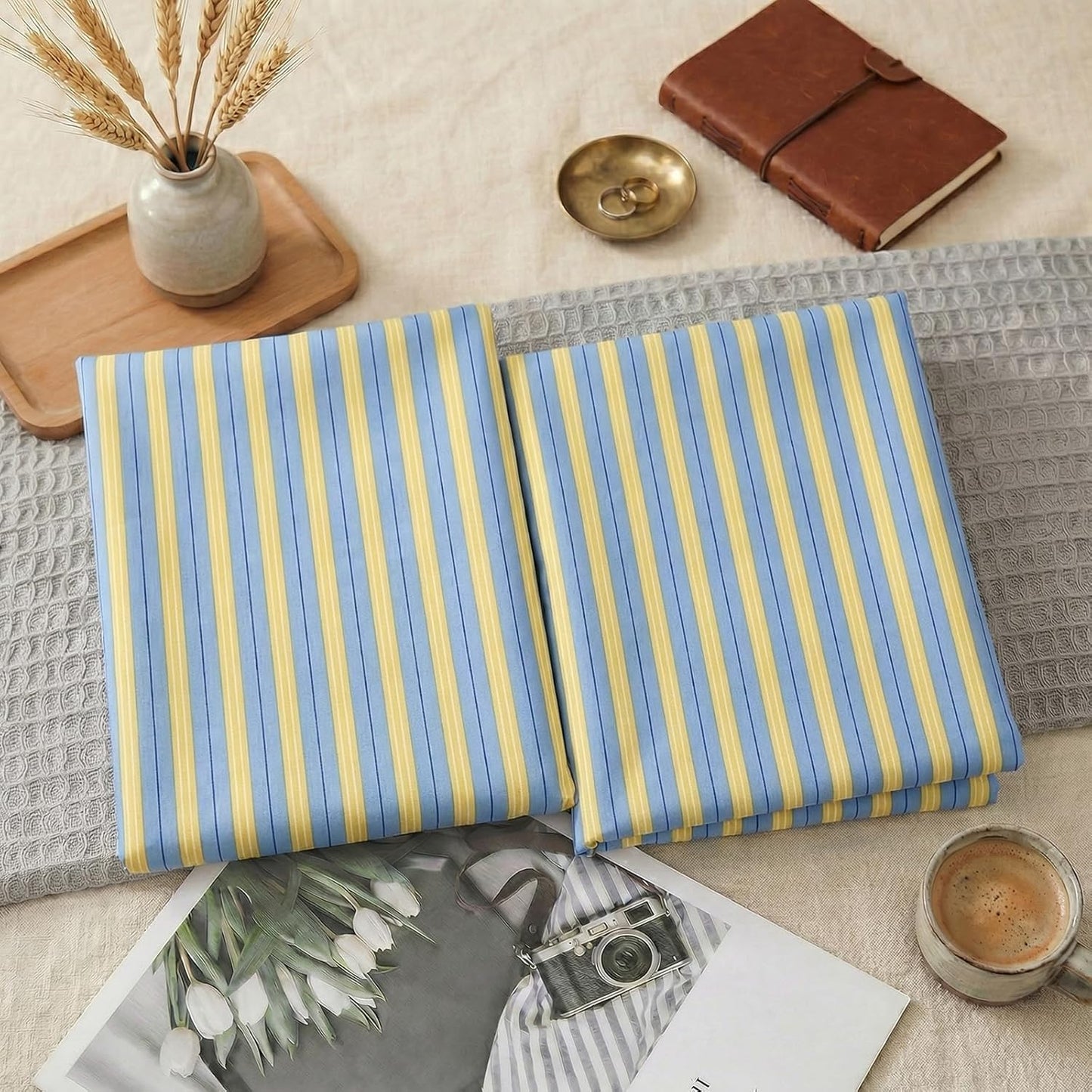 Blue & Yellow Striped Pillowcases, 100% Cotton Pillow Cases, Standard Size Pillowcases, Soft Breathable Ribbon Stripe Pillow Covers, Set of 2