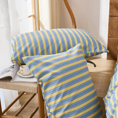 Blue & Yellow Striped Pillowcases, 100% Cotton Pillow Cases, Standard Size Pillowcases, Soft Breathable Ribbon Stripe Pillow Covers, Set of 2