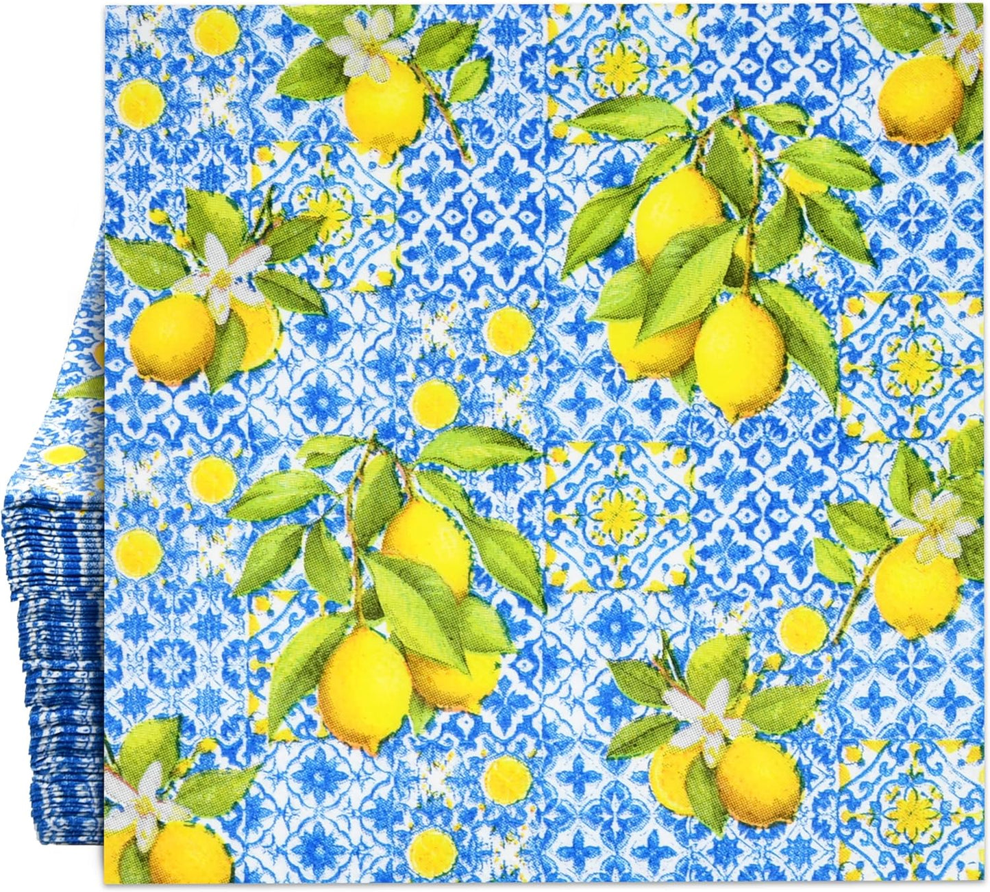 100 Pcs Tiles Lemons Cocktail Beverage Napkins Flowers Blue Yellow Disposable Paper Dessert Napkin for Summer Spring Birthday Party Supplies Decor