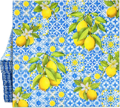 100 Pcs Tiles Lemons Cocktail Beverage Napkins Flowers Blue Yellow Disposable Paper Dessert Napkin for Summer Spring Birthday Party Supplies Decor