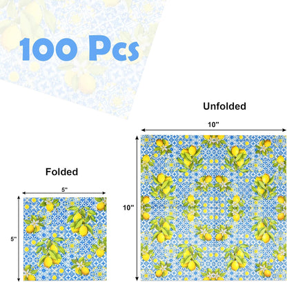 100 Pcs Tiles Lemons Cocktail Beverage Napkins Flowers Blue Yellow Disposable Paper Dessert Napkin for Summer Spring Birthday Party Supplies Decor