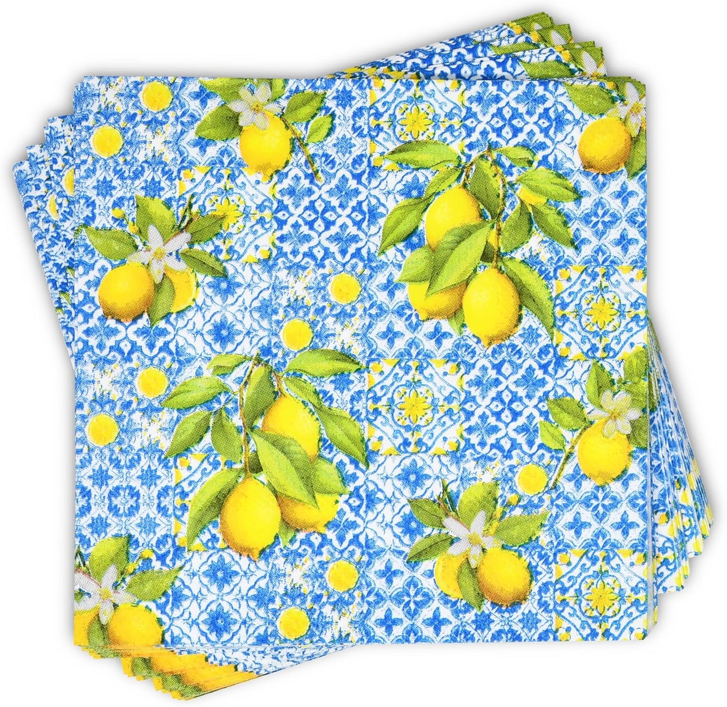 100 Pcs Tiles Lemons Cocktail Beverage Napkins Flowers Blue Yellow Disposable Paper Dessert Napkin for Summer Spring Birthday Party Supplies Decor