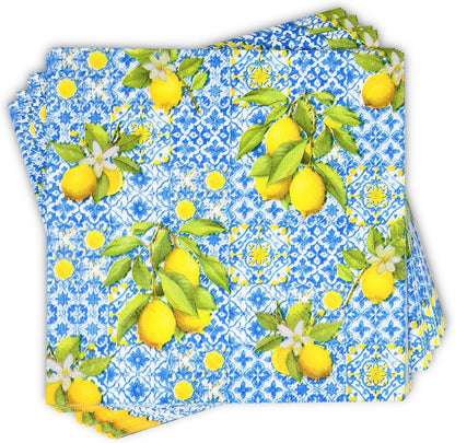 100 Pcs Tiles Lemons Cocktail Beverage Napkins Flowers Blue Yellow Disposable Paper Dessert Napkin for Summer Spring Birthday Party Supplies Decor