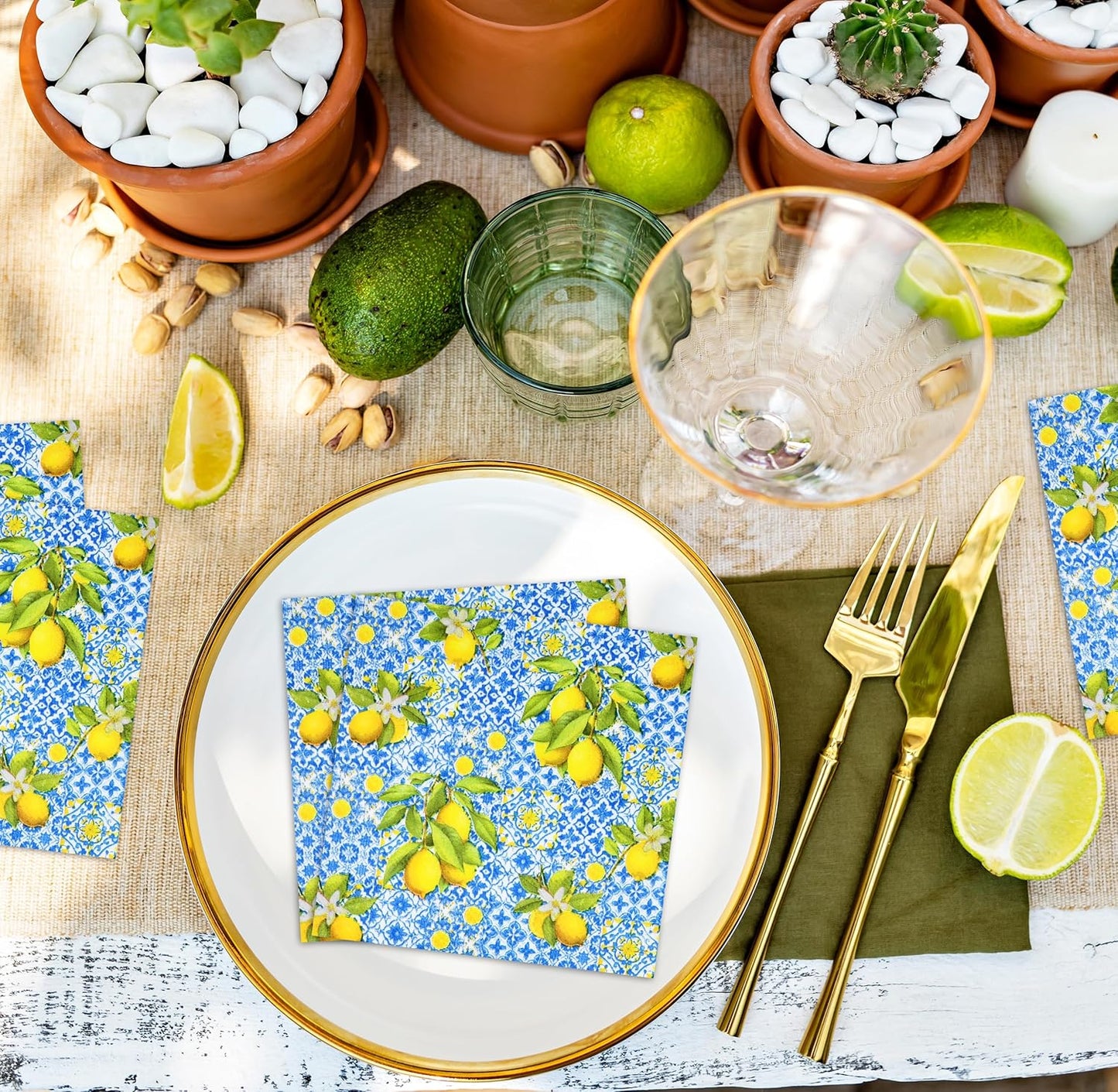 100 Pcs Tiles Lemons Cocktail Beverage Napkins Flowers Blue Yellow Disposable Paper Dessert Napkin for Summer Spring Birthday Party Supplies Decor