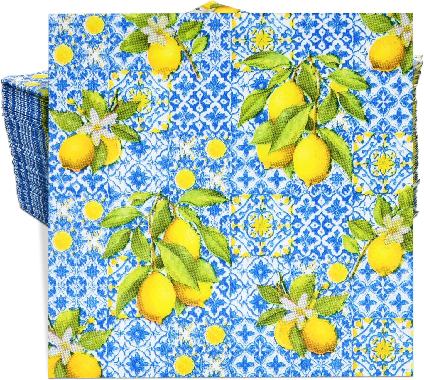100 Pcs Tiles Lemons Cocktail Beverage Napkins Flowers Blue Yellow Disposable Paper Dessert Napkin for Summer Spring Birthday Party Supplies Decor
