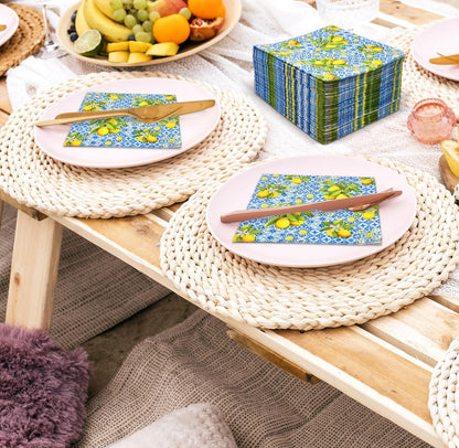 100 Pcs Tiles Lemons Cocktail Beverage Napkins Flowers Blue Yellow Disposable Paper Dessert Napkin for Summer Spring Birthday Party Supplies Decor