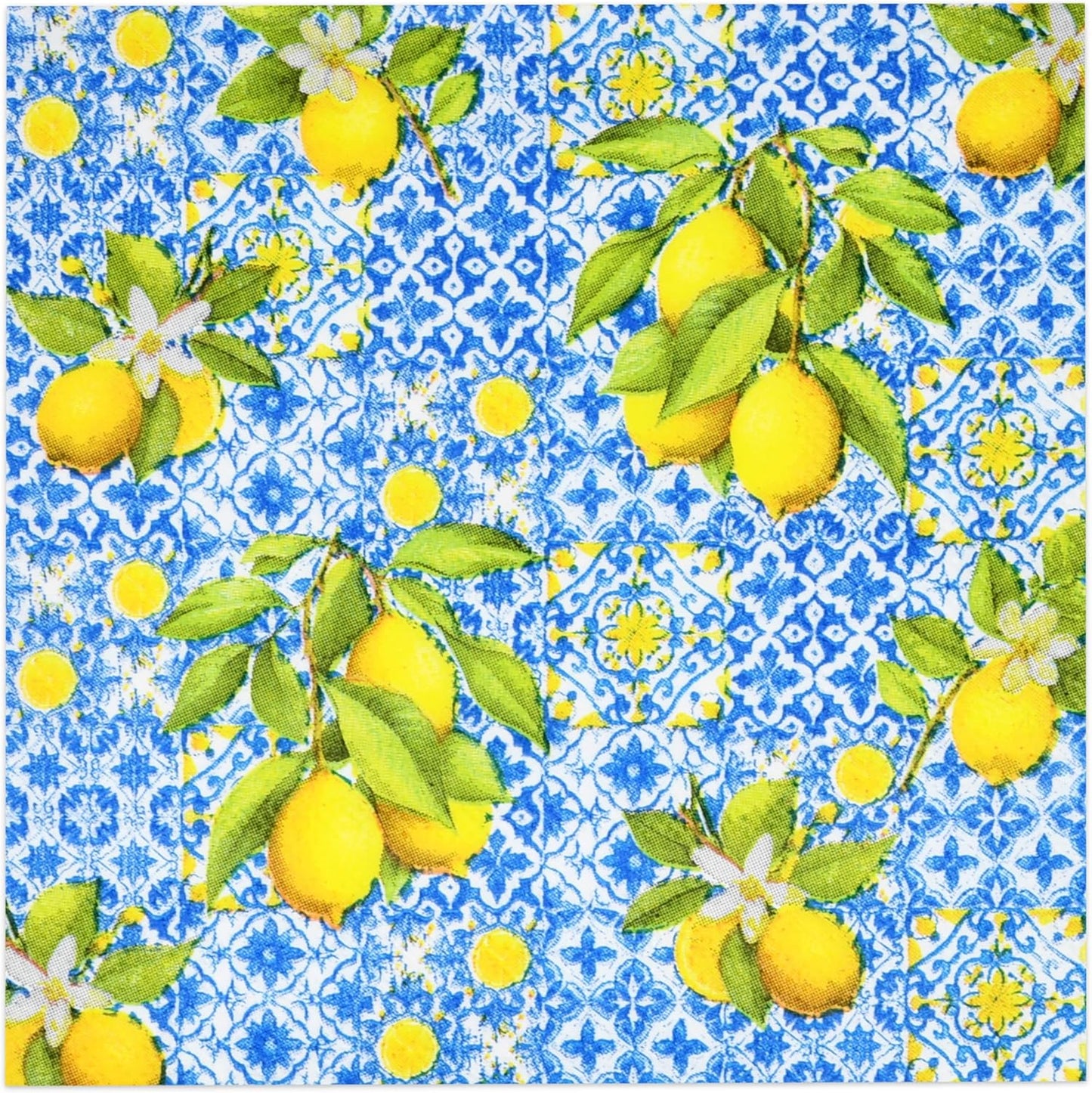 100 Pcs Tiles Lemons Cocktail Beverage Napkins Flowers Blue Yellow Disposable Paper Dessert Napkin for Summer Spring Birthday Party Supplies Decor