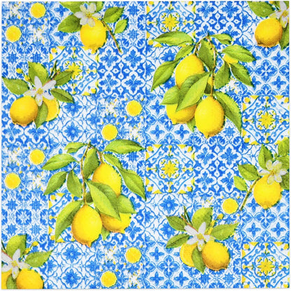 100 Pcs Tiles Lemons Cocktail Beverage Napkins Flowers Blue Yellow Disposable Paper Dessert Napkin for Summer Spring Birthday Party Supplies Decor