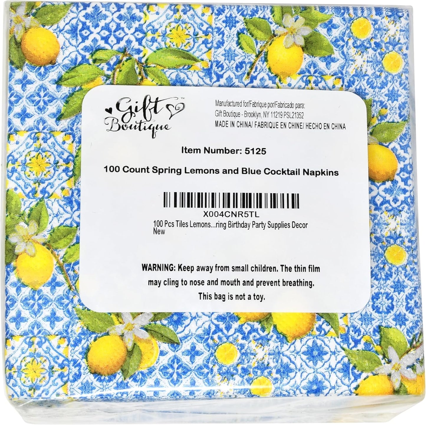 100 Pcs Tiles Lemons Cocktail Beverage Napkins Flowers Blue Yellow Disposable Paper Dessert Napkin for Summer Spring Birthday Party Supplies Decor