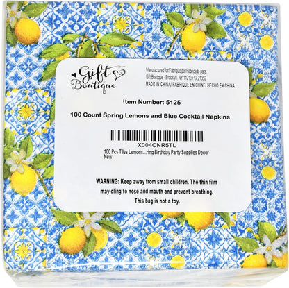 100 Pcs Tiles Lemons Cocktail Beverage Napkins Flowers Blue Yellow Disposable Paper Dessert Napkin for Summer Spring Birthday Party Supplies Decor