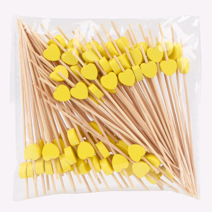 100 Pack Fruit Toothpicks, Heart-Shaped Bamboo Cocktail Picks, Natural Bamboo Toothpicks for Appetizers Fruit Cake Dessert Barbecue Snacks Sandwiches (Yellow)