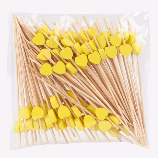 100 Pack Fruit Toothpicks, Heart-Shaped Bamboo Cocktail Picks, Natural Bamboo Toothpicks for Appetizers Fruit Cake Dessert Barbecue Snacks Sandwiches (Yellow)