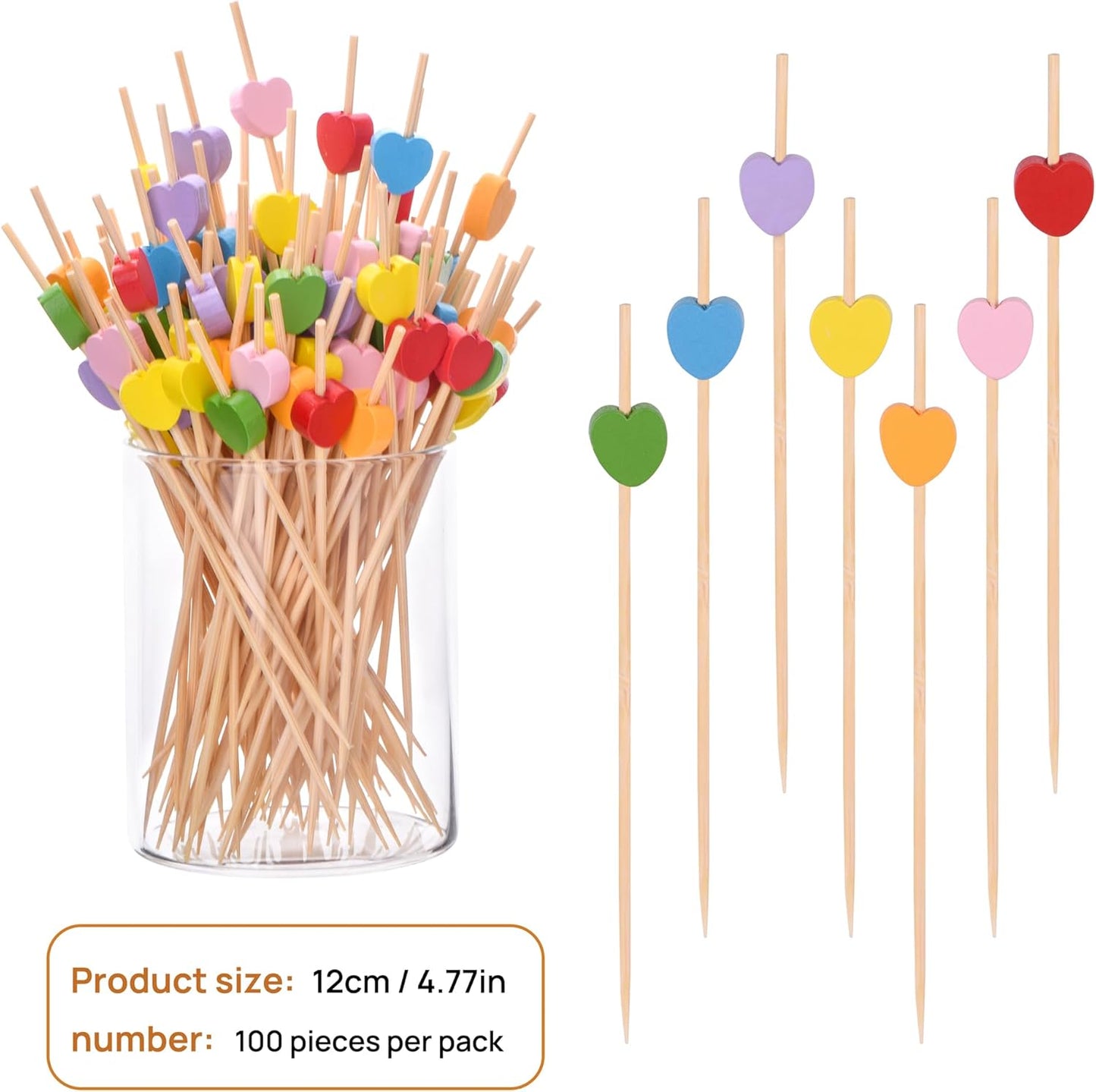 100 Pack Fruit Toothpicks, Heart-Shaped Bamboo Cocktail Picks, Natural Bamboo Toothpicks for Appetizers Fruit Cake Dessert Barbecue Snacks Sandwiches (Yellow)