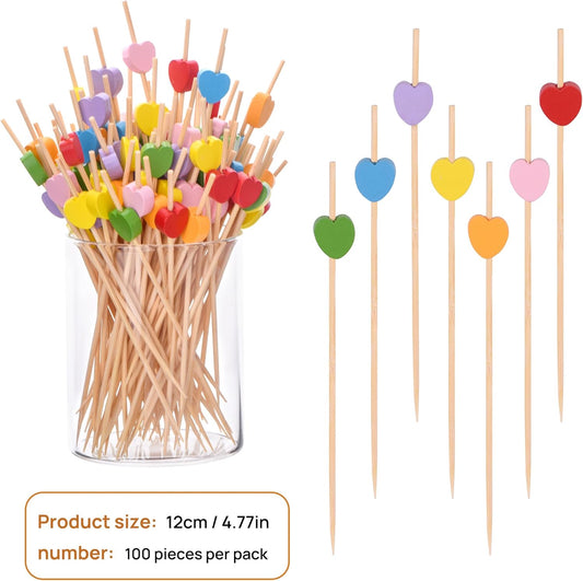100 Pack Fruit Toothpicks, Heart-Shaped Bamboo Cocktail Picks, Natural Bamboo Toothpicks for Appetizers Fruit Cake Dessert Barbecue Snacks Sandwiches (Yellow)
