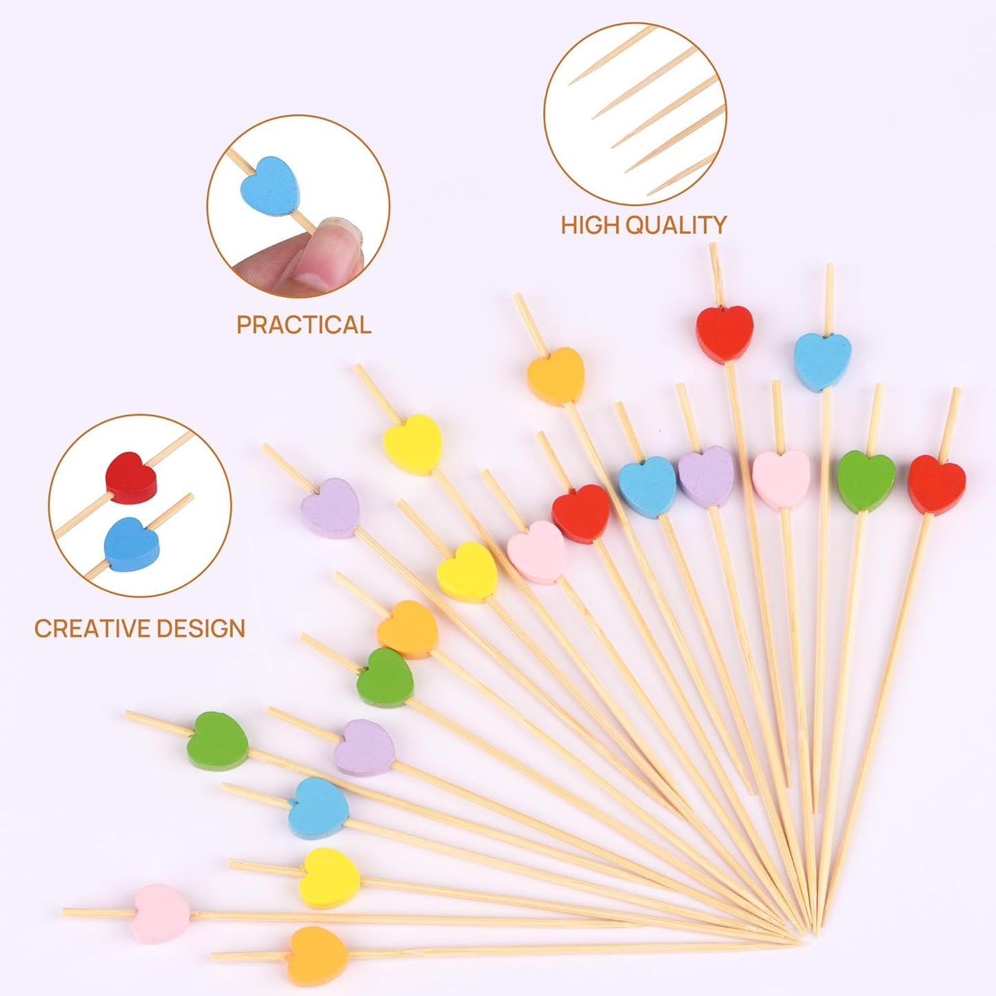 100 Pack Fruit Toothpicks, Heart-Shaped Bamboo Cocktail Picks, Natural Bamboo Toothpicks for Appetizers Fruit Cake Dessert Barbecue Snacks Sandwiches (Yellow)