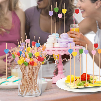100 Pack Fruit Toothpicks, Heart-Shaped Bamboo Cocktail Picks, Natural Bamboo Toothpicks for Appetizers Fruit Cake Dessert Barbecue Snacks Sandwiches (Yellow)