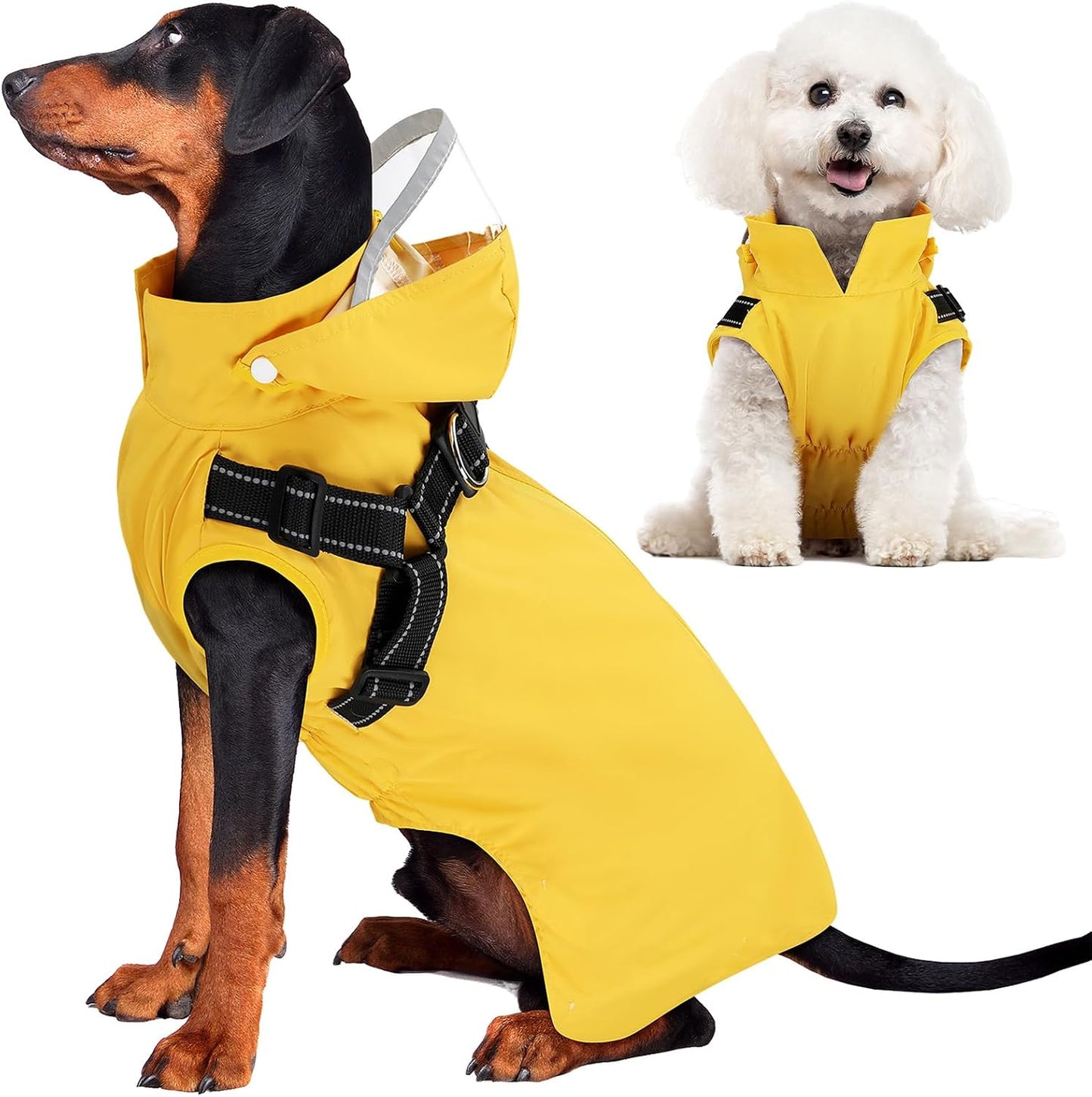 Dog Raincoat Waterproof, with Harness Built in & Hood, Yellow, L | Lightweight Dog Rain Jacket with Harness & Hood, Waterproof Reflective, for Large Medium Small Dogs