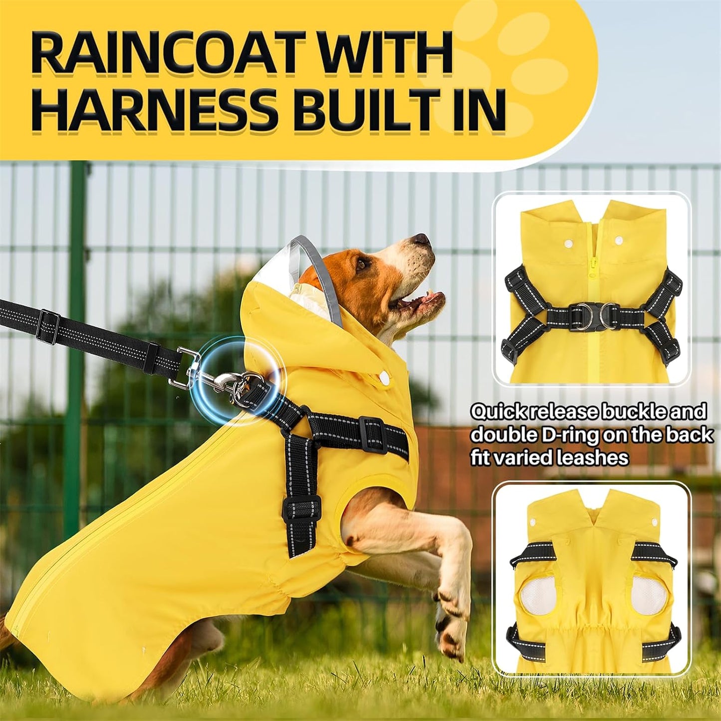Dog Raincoat Waterproof, with Harness Built in & Hood, Yellow, L | Lightweight Dog Rain Jacket with Harness & Hood, Waterproof Reflective, for Large Medium Small Dogs