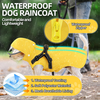 Dog Raincoat Waterproof, with Harness Built in & Hood, Yellow, L | Lightweight Dog Rain Jacket with Harness & Hood, Waterproof Reflective, for Large Medium Small Dogs