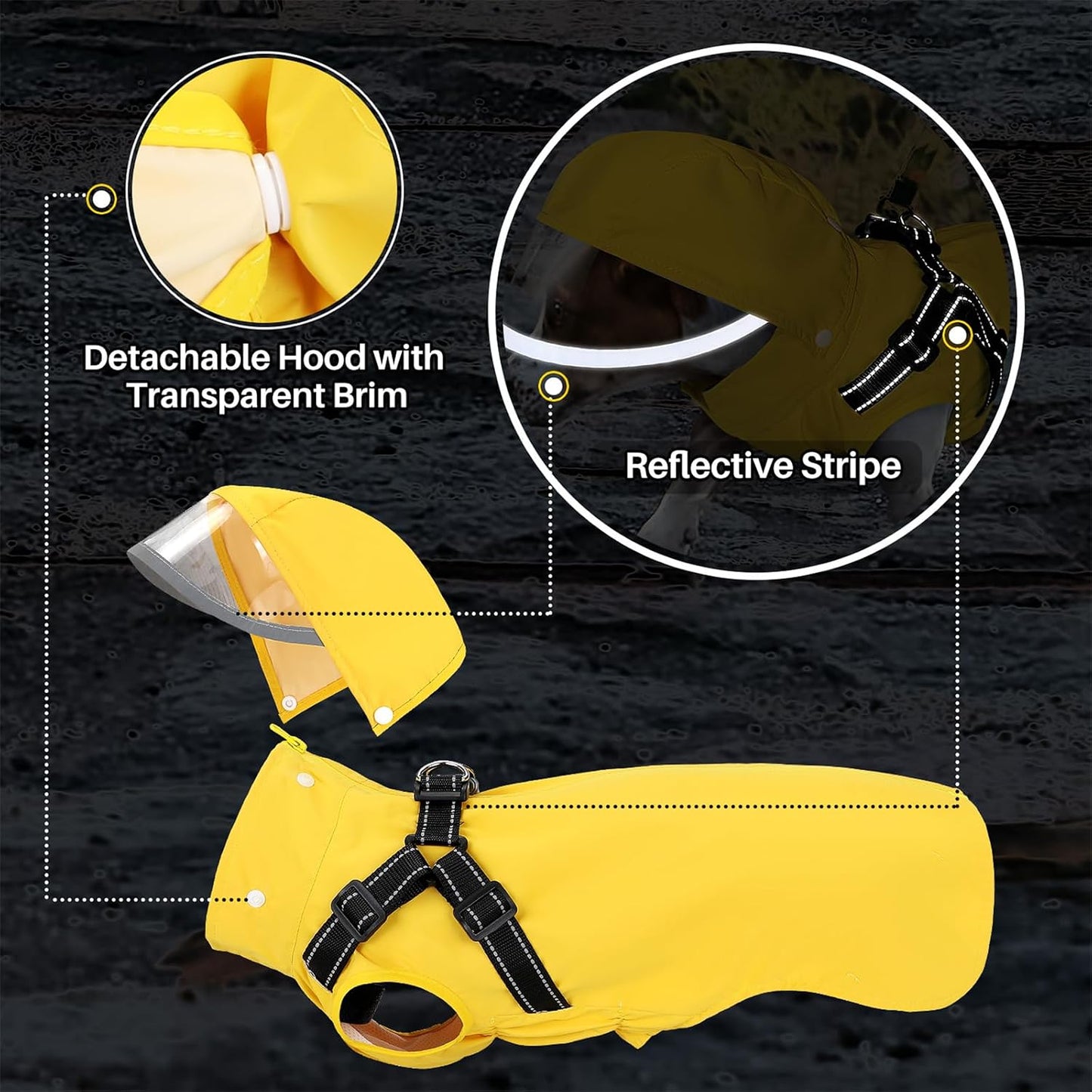 Dog Raincoat Waterproof, with Harness Built in & Hood, Yellow, L | Lightweight Dog Rain Jacket with Harness & Hood, Waterproof Reflective, for Large Medium Small Dogs