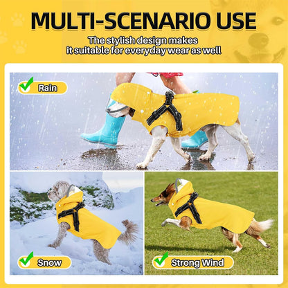 Dog Raincoat Waterproof, with Harness Built in & Hood, Yellow, L | Lightweight Dog Rain Jacket with Harness & Hood, Waterproof Reflective, for Large Medium Small Dogs